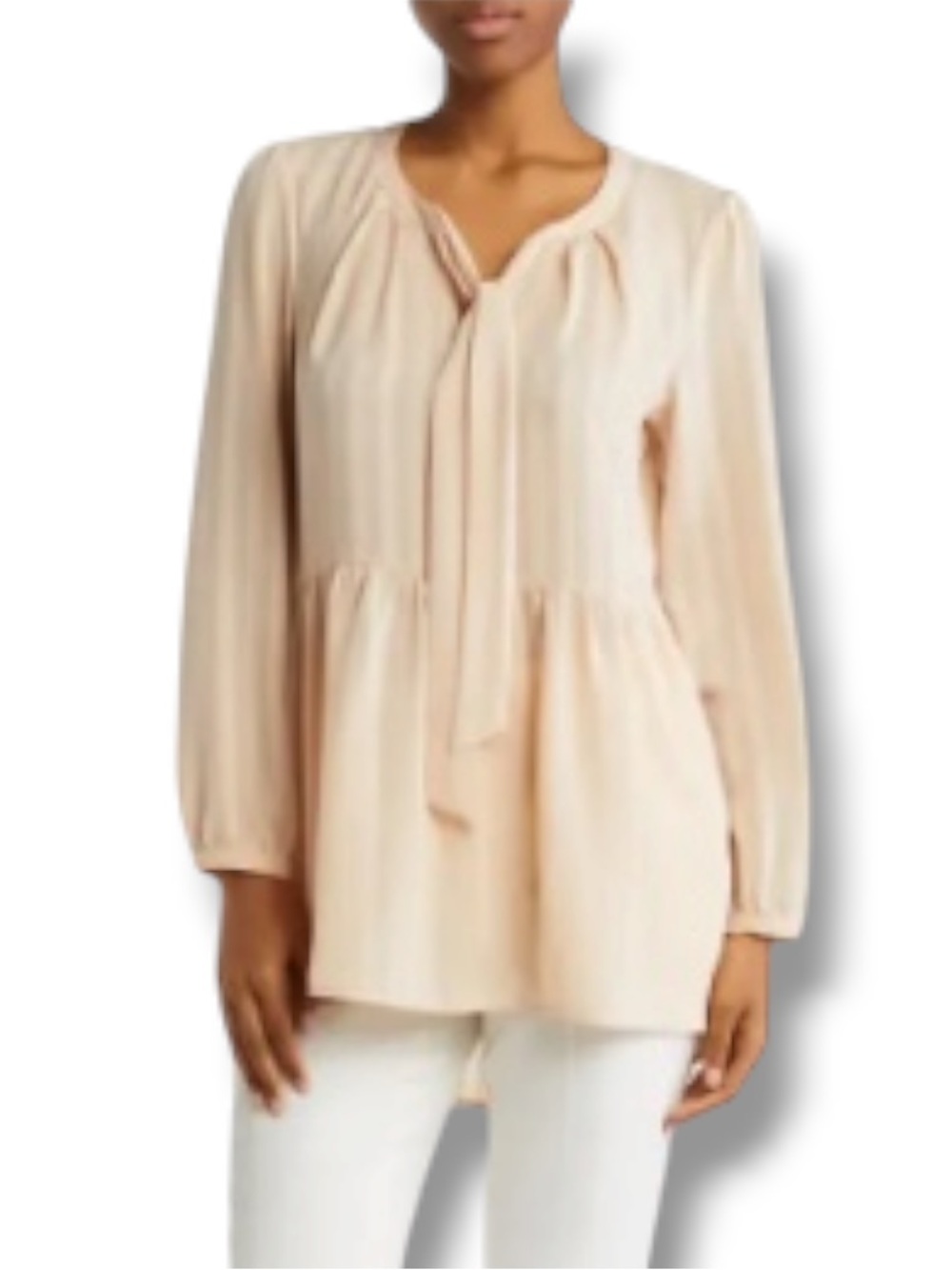 DR2 Women’s Babydoll Champagne Light Striped Tie Neck Peplum Draped Dress Blouse
